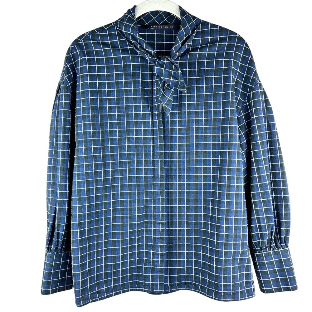 Zara Blue Plaid Window Pane Button Up Shirt XS Neck Tie Retro Preppy